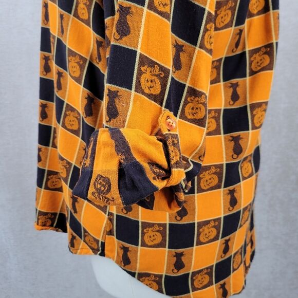 Collections Ect Pumpkin and Cat Plaid Button-Down Collared Shirt Halloween - Picture 9 of 15